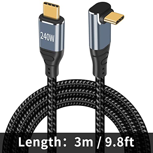 Poyiccot USB C до USB C кабел 90 степени 240W, 9,8ft Тип Ц до типот C кабел, PD 3.1 USB C полнач кабел надолу надолу со агол со е-марки за