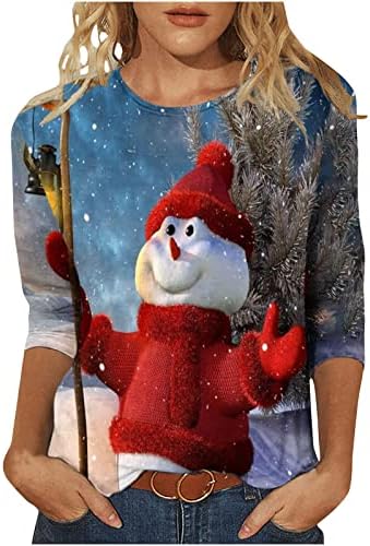 Божиќни врвови за жени Дедо Мраз Дедо Мраз, маици со модел на снежни модел 3/4 ракав Туника ТЕДЕРВЕРНИ ПОВЕЕ ЗА ТЕЛЕНИ ДЕВОЈКИ