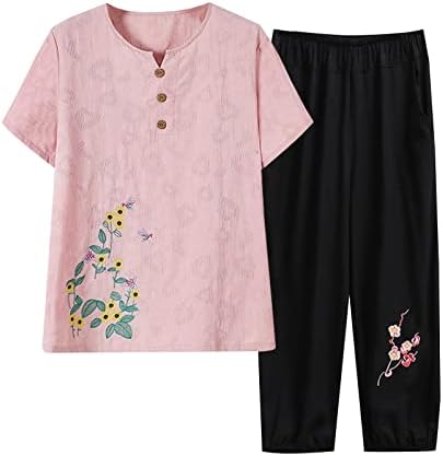 2 парчиња летни облеки за жени плус големина на обична кошула со кратки ракави и панталони поставуваат постари жени удобни јога поставени облеки
