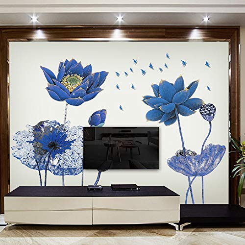 Amaonm Creative Gaint Cartoon Cartoon Blue Lotus wallидни налепници отстранлив DIY цвеќиња расадник декор wallидови decals 3d цветни кора