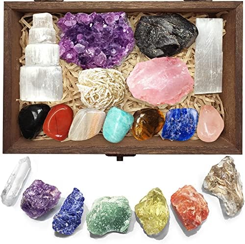 Премиум кристали и лековити камења поставени во кристали за лекување на дрвени кутии поставени за почетници - Чакра Стоунс сурови