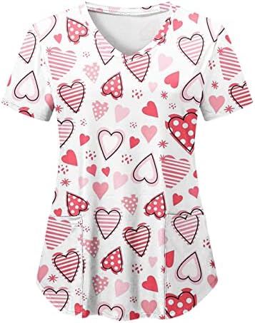 Маици за Денот на в Valentубените на в Valentубените за жени кои работат униформа со кратки ракави, срцева печатена медицинска сестра