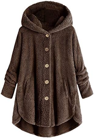 Женски палта Зимски плус големина на копчето плишани врвови со качулка лабава кардиган волна палто палто палто џеб