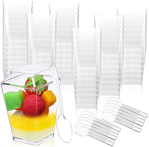 Мимороу 200 Пакувајте Чаши За Десерт од 5 мл Со Капаци И Лажици Квадратни Проѕирни Пластични Чаши За Предјадење Чаши За Парфеј Десерт Чаши