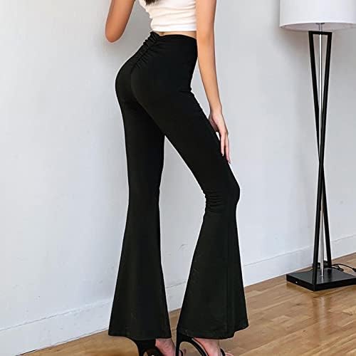 Labeенски лабава обична црна фитнес панталони модерни разноврсни високи половини тенок панталони bellвончиња дното паѓаат хеланки за жени