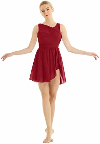 Agенски женски асиметричен шифон лирски балетски танц гимнастика Леотард фустан проток со високо-ниско здолниште
