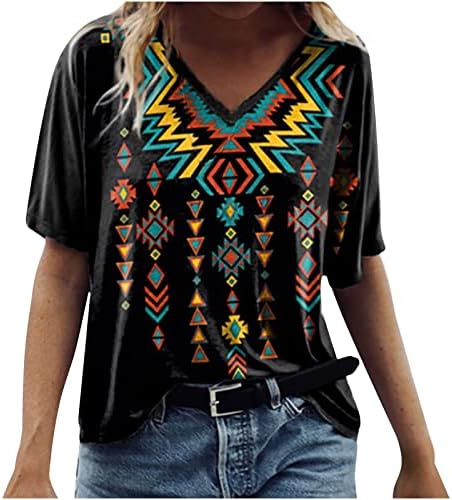 Ацтеки врвови за жени 2023 Западен гроздобер етнички графички маица лето плус големина кратка ракав блуза екипаж на екипажот лабав