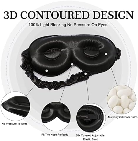 Цимасилк прилагодлива чиста маска за спиење од црница од свила, 3Д контурирана чаша маска за очи за спиење, супер меко заминување, совршени