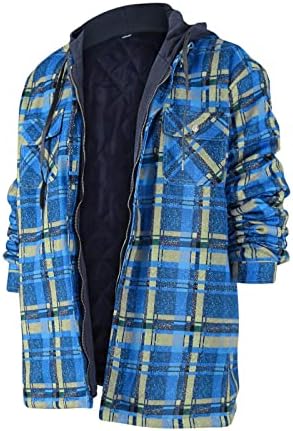 Уфоко Зимски јакни за мажи, патент на фланел јакна ватирана карирана кошула јакни палто фланел качулка есенски кошули