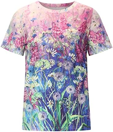 Есен летен блуза за девојчиња за кратки ракави екипаж со памук со памук, графички печати цветни салон, ib ib ib