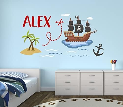 Пиратски тематски брод wallид Деклас - Персонализирано име на wallидови - пиратски декор за момче спална соба - деца налепници за wallидови