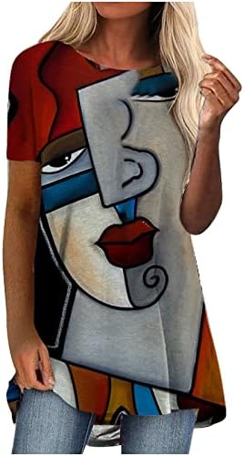 Womenените летни обични маички врвови уметнички апстрактни маички за печатење на печатење трендовски кратки ракави екипаж на вратот на вратот Туника блуза