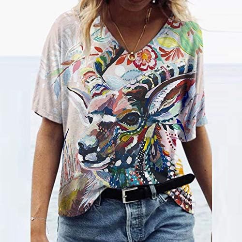 Кошули за жени, цветен графички принт vneck краток ракав преголема обична маица печатени маички за жени