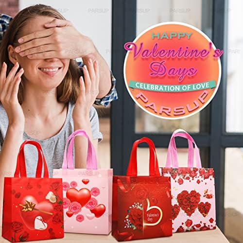 4 парчиња Среќен ден на в Valentубените Ден за еднократно торбички за подароци, третирајте ги торбите со рачки, торби за забави на