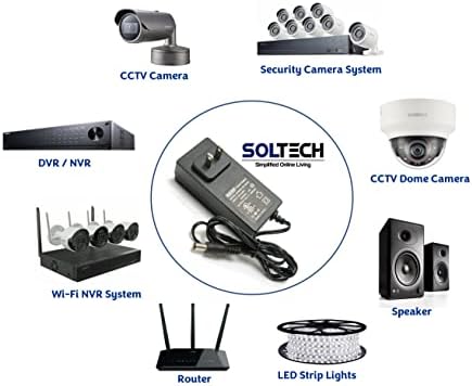Soltech 12V 3A Напојување на електрична енергија за безбедност на камерата, адаптер за напојување со CCTV камера со кабел за продолжување на
