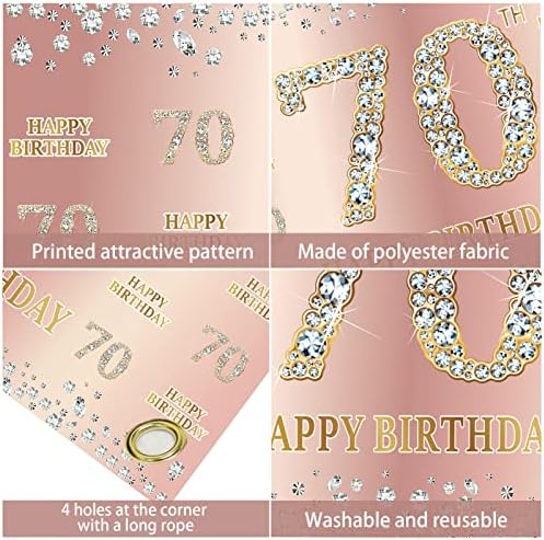 Среќен 70-Ти Роденден Банер Украси За Жени, Розова Розово Злато 70 Роденден Позадина Знак Партија Материјали, Големи 70 Годишниот