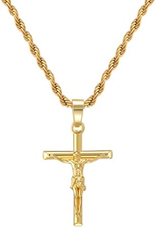 Helloice Crucifix Cross ѓердан 18K злато позлатен вкрстен приврзок со 3мм 22 ланец на јаже за мажи жени