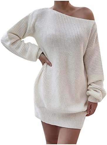 Женски џемпер миди фустан џемпер фустан есен/зимска линија надвор од рамената, прилепено здолниште за џемпер