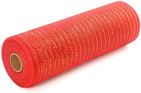 Acekit Deco Red Poly Mesh Ribbon со метална фолија од 10 инчи x 30 стапки секоја ролна за венци, swags лакови за завиткување