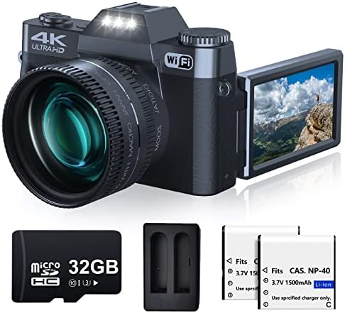 Дигитална камера за фотографија и видео VJianger 4K 48MP камера за влогање за YouTube со флип екран од 180 °, 16x дигитален зум,