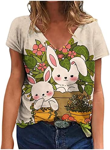 Велигденски кошули за жени секси V-вратот кратки ракави маички врвни зајаци печатени обични маици удобни пулвер за дами