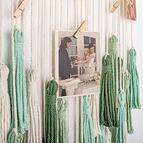 Бохо виси приказ на фотографии со клип, Macrame слика String Tassel Hanger for Art Wall Decor, Bohemian Polaroid Holder за домашна спална соба