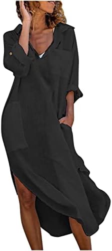 Lmdudan женски памучни ленени фустани мода цврста боја долга ракав кошула облекување обичен лаптоп џебови на плажа фустани