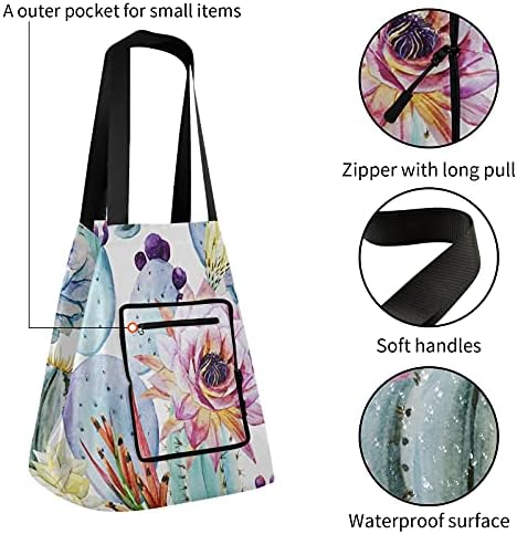 Цвеќиња од кактус, преклопено рамо торбичка торба за еднократна употреба на намирници за намирници, торба за торбичка за торбичка за плажа, работа, теретана и јога