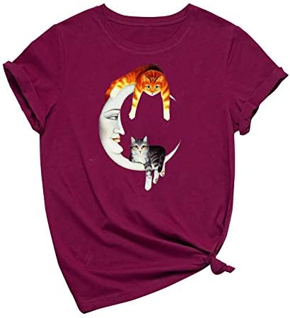 Смешни гроздобер кошули за жени Симпатични мачки кои седат на Месечината графичка маичка лабава вклопена летна кратка ракав на врвовите на вратот