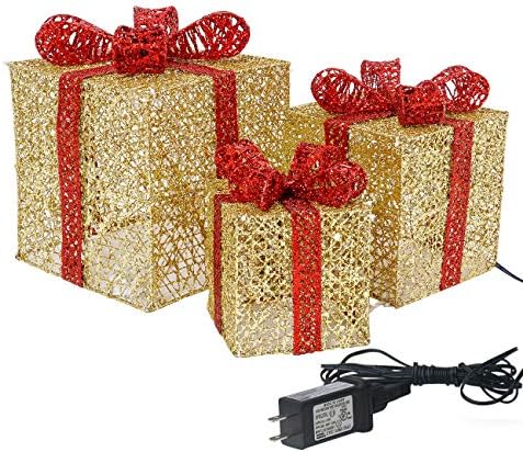 Sunnyglade 10 ”-8” -6 ”сет од 3 Божиќни осветлени кутии за подароци со приклучок за Божиќен декор, свадби во дворот за домашни украси