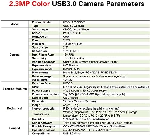 Hteng Vishi со голема брзина USB3.0 боја 2.3MP 2/3 Индустриска камера машина Визија Глобален бленда C-Mouth OpenCV Python SDK Scan