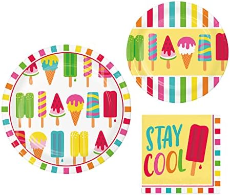 Партиски материјали со тематски партии на летни popsicle | Пакетот вклучува хартиени плочи и салфетки за 8 лица | Сладок летен дизајн