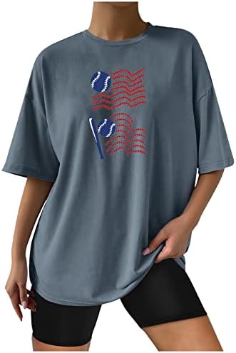 4 -ти јули кошули за жени со преголеми маици лабава екипаж кратки ракави врвови на американско знаме за бејзбол бејзбол грапична мета