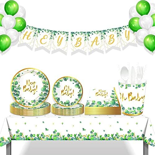Зелени цветни украси за туширање за бебиња - Партиски материјали со прибор за јадење еукалиптус поставени хартиени плочи за еднократна