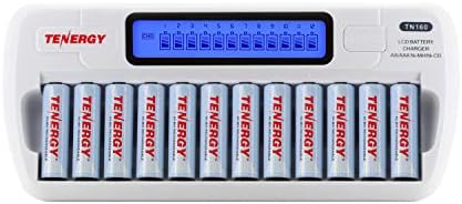 Тенергија ТН160 12-Беј Лцд Нимх/Ницд Ааа/Char Полнач за Батерии + 12хter Нимх Батерии за Полнење, Двојно А Батерии За Секојдневна