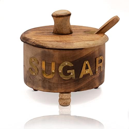 Декоративен рустикален дрвен шеќер сад со капаче широко уста бонбони третираат тегла за зачини тегла држач за кондиции на ореви што служат