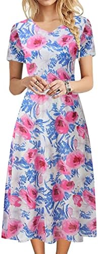Miashui Ruffle летен фустан обичен замав фустан за жени моден v врат краток ракав Боемски цветни печати залепена половината