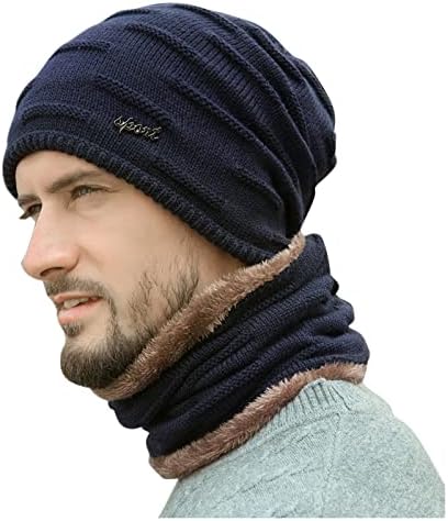 Топло зимско гравче капа и шамија сет за мажи густо руно наредено плетено капаче череп капа за вратот потопло плетен череп капачиња