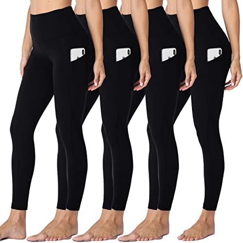 HLTPRO 4 пакувања со џебови за жени - црна висока половината за контрола на стомакот за јога за теретана за вежбање