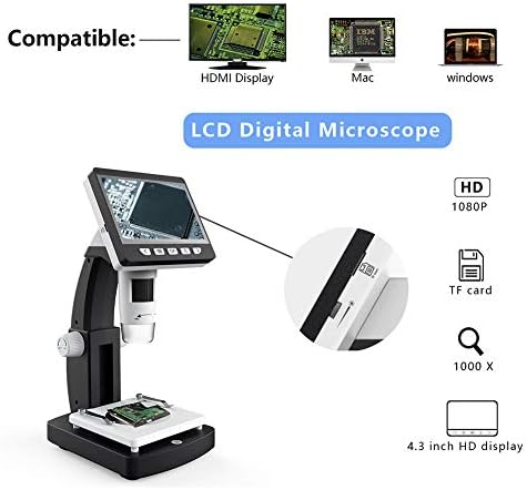 LYXLQ стерео микроскоп, поддршка за чување на картички за компјутерски картички со 4,3-инчен LED дисплеј/алатка за поправка на видео, интегриран