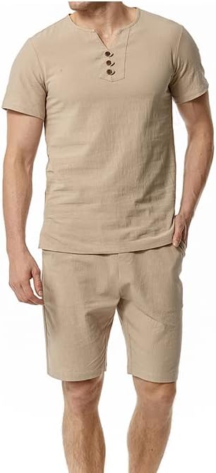 Fivetoseven Men Облека летни маички со тренерки + шорцеви 2 парчиња V-вратот памук за дишење облека за мажи плажа кратки комплети
