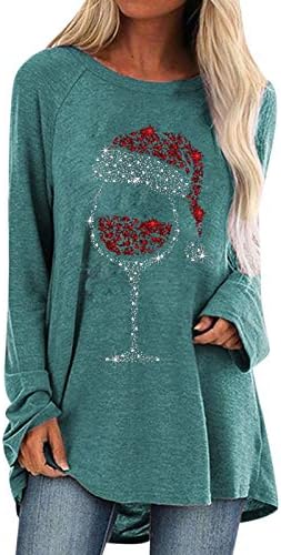 Божиќни фустани врвови за жени, плус големина Туника блузи вино чаши Дедо Мраз печати маица смешни overубители на вино Божиќ слатки кошули