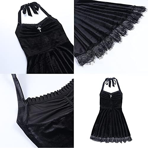 Velvet готски фустан естетски жени секси халтер гроздобер мини црна фустан решетката мафта со долги ракави фустан