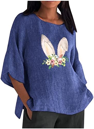Womenените среќна велигденска маица симпатична зајаче графичка обична мачка топ 3/4 ракав памучни постелнини блузи меки удобни пуловер