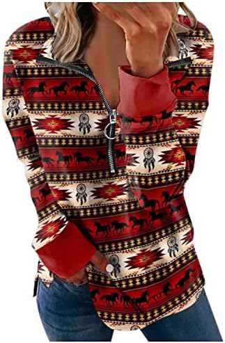Женски ацтек пулвер гроздобер геометриски печати половина патент џемпер лабава долга ракав штанд јака западно скокач врвови
