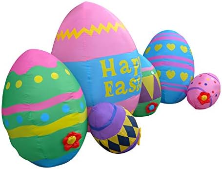 Seasonblow 8 ft LED осветли осветлување Велигденски јајца+ 7 ft Велигденски надувување зајаче воз со украси на јајца Среќен декор на велигденски