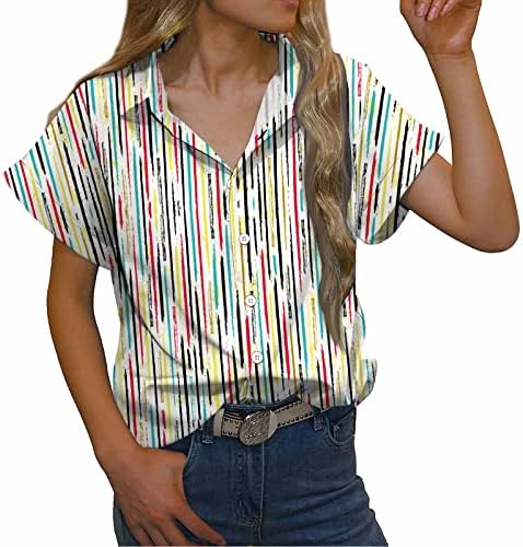 Есен летен блуза со блуза за вратот за женски краток ракав 2023 облека трендовски графички обичен маичка повторно повторно
