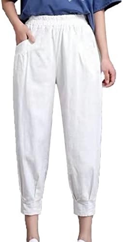 Женски обични постелнини исечени панталони еластични панталони со плажа, лето мек џогер, пантолони со џебови
