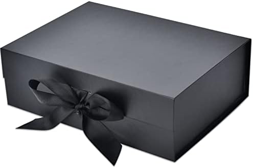 Accencyc црна кутија за подароци со капак и лента за подароци внатрешна големина 10 L x 7 W x 3 H со магнетна заптивка за Денот на мајката, роденден, невестински