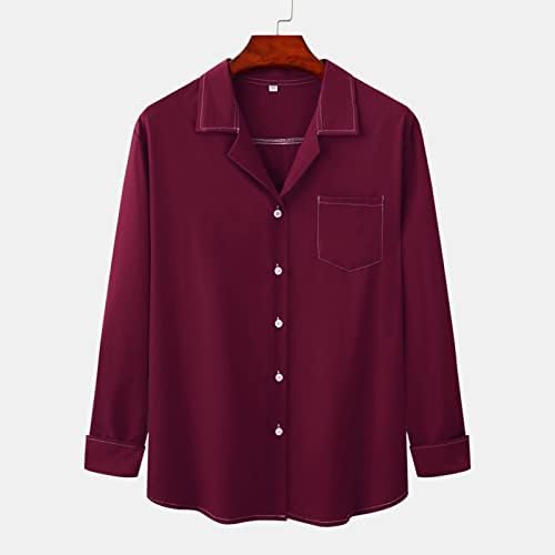 Обично копче надолу кошули за мажи со цврста боја опуштена вклопена куглање кошули со долги ракави јака на блузи врвови
